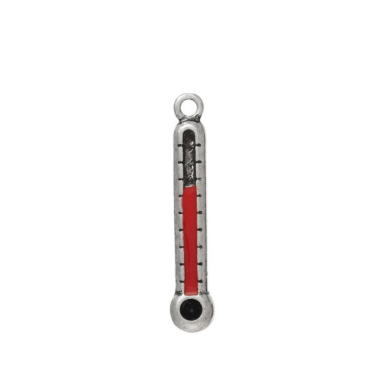 Image de Pendentifs en Alliage de Zinc Thermomètre Argent Vieilli Rouge (Apparié à Strass ss12 Dos en Pointe) Émail 33mm x 6mm, 1 Pièce