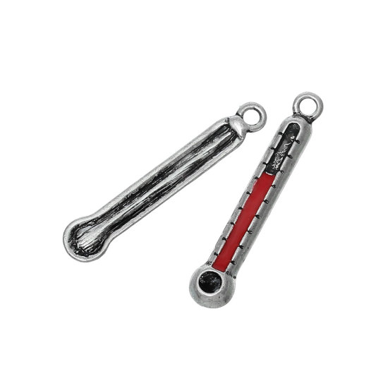 Image de Pendentifs en Alliage de Zinc Thermomètre Argent Vieilli Rouge (Apparié à Strass ss12 Dos en Pointe) Émail 33mm x 6mm, 1 Pièce