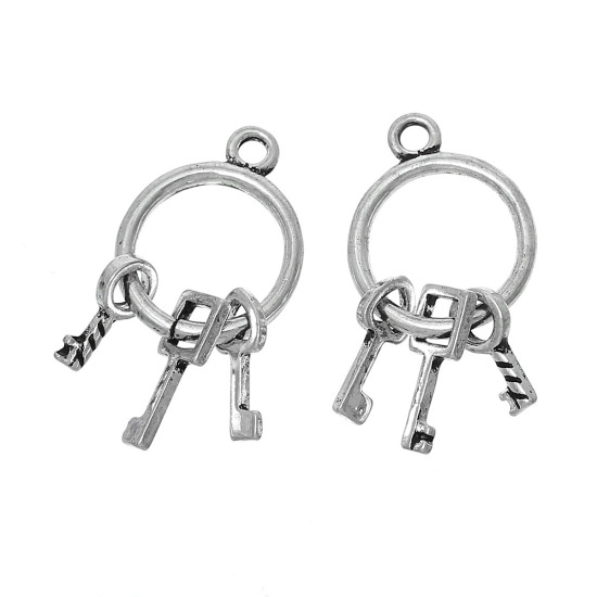 Image de Pendentif en Alliage de Zinc Rond Argent Vieilli Clés 33mm x 17mm, 5 Pcs