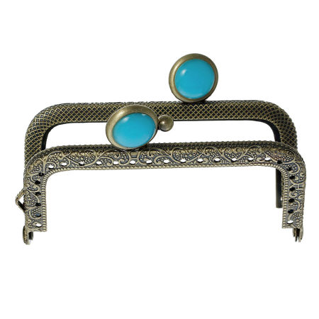 Iron Based Alloy Kiss Clasp Lock Purse Frame Rectangle Antique Bronze Lake Blue Resin Ball 9x6cm(3 4/8" x2 3/8"), Open Size: 11.4x9cm(4 4/8"x3 4/8"), 2 PCs