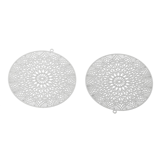Picture of 304 Stainless Steel Filigree Stamping Pendants Round Silver Tone Pattern Carved Hollow 45mm(1 6/8") x 43mm(1 6/8"), 1 Piece