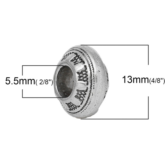 亜鉛合金 ヨーロッパ風 大穴 ビーズ ドラム パターン彫刻 銀古美 約 13mm x 7mm、 穴：約 5.5mm、 30 個 の画像