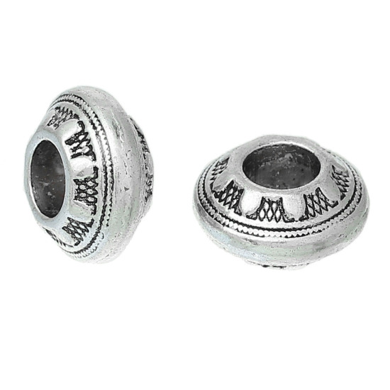 亜鉛合金 ヨーロッパ風 大穴 ビーズ ドラム パターン彫刻 銀古美 約 13mm x 7mm、 穴：約 5.5mm、 30 個 の画像