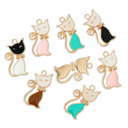 Immagine di Lega di Zinco Charm Ciondoli Gatto Oro Placcato A Random (Addetti ss4 Strass) Smalto 28mm x 16mm , 10 Pz