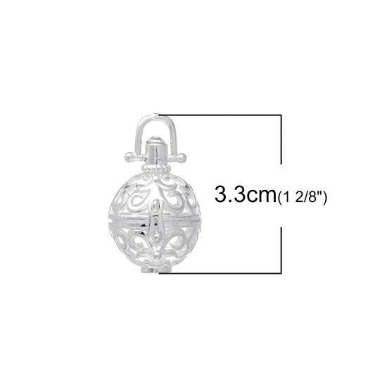 Picture of Copper Mexican Angel Caller Bola Harmony Ball Wish Box Pendants Round Silver Plated Hollow Clear Rhinestone Can Open (Fits 16mm Beads) 33mm(1 2/8") x 24mm(1"), 1 Piece
