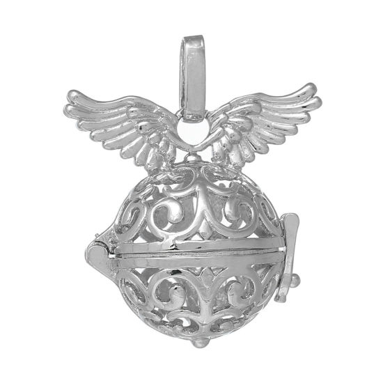 Picture of Copper Mexican Angel Caller Bola Harmony Ball Wish Box Pendants Round Silver Tone Wing Craved Hollow Can Open (Fit Bead Size: 16mm) 37mm(1 4/8") x 31mm(1 2/8"), 1 Piece