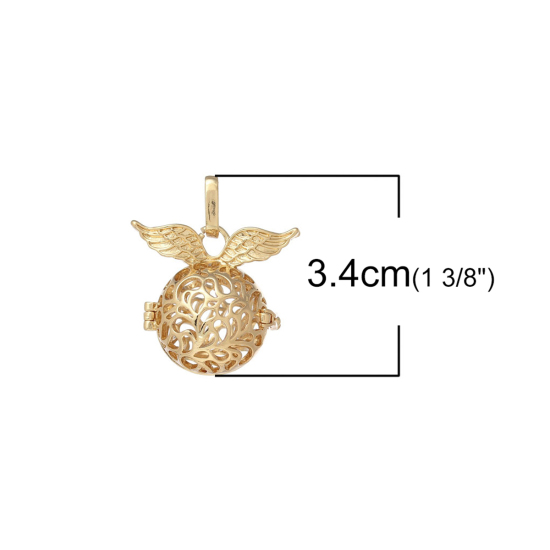Picture of Copper Mexican Angel Caller Bola Harmony Ball Wish Box Pendants Round Gold Plated Wing Craved Hollow Can Open (Fit Bead Size: 16mm) 34mm(1 3/8") x 29mm(1 1/8"), 1 Piece
