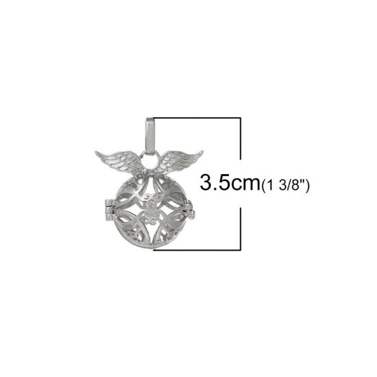 Picture of Copper Mexican Angel Caller Bola Harmony Ball Wish Box Pendants Round Silver Plated Wing Craved Hollow Can Open (Fit Bead Size: 16mm) 35mm(1 3/8") x 29mm(1 1/8"), 1 Piece