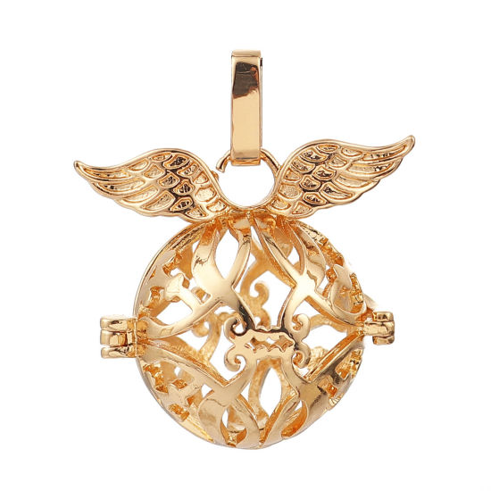 Picture of Copper Mexican Angel Caller Bola Harmony Ball Wish Box Pendants Round Gold Plated Wing Craved Hollow Can Open (Fit Bead Size: 16mm) 35mm(1 3/8") x 29mm(1 1/8"), 1 Piece