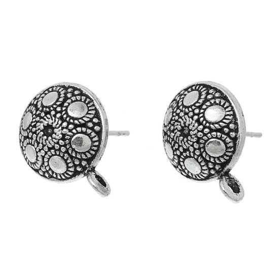 Picture of Zinc Based Alloy Ear Post Stud Earrings Findings Round Antique Silver Color Dot Pattern W/ Loop 16mm x 13mm, Post/ Wire Size: (21 gauge), 20 PCs