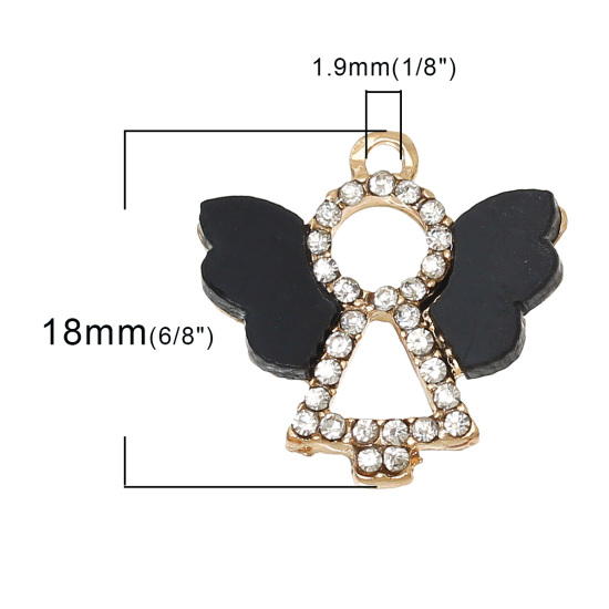 Bild von Zinklegierung + Harz Charm Anhänger Engel Vergoldet Schwarz Transparent Strass 18mm x 18mm, 5 Stücke
