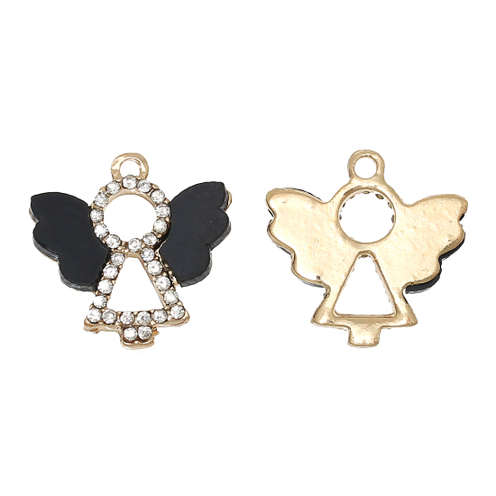 Bild von Zinklegierung + Harz Charm Anhänger Engel Vergoldet Schwarz Transparent Strass 18mm x 18mm, 5 Stücke