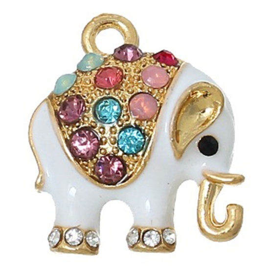 Picture of Zinc Metal Alloy Charm Pendants Elephant Animal Gold Plated Multicolor Rhinestone White Enamel 18mm( 6/8") x 15mm( 5/8"), 5 PCs