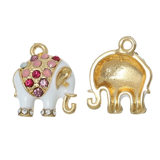 Picture of Zinc Metal Alloy Charm Pendants Elephant Animal Gold Plated Multicolor Rhinestone White Enamel 18mm( 6/8") x 15mm( 5/8"), 5 PCs