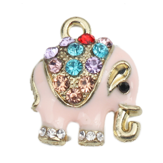 Picture of Zinc Metal Alloy Charm Pendants Elephant Animal Gold Plated Multicolor Rhinestone Light Pink Enamel 18mm( 6/8") x 15mm( 5/8"), 5 PCs