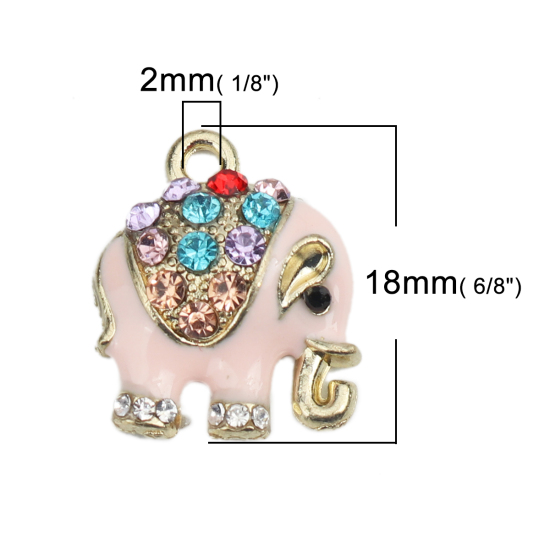 Image de Pendentif en Alliage de Zinc Animal Eléphant Doré Rose à Strass Coloré Email 18mm x 15mm, 5 Pcs