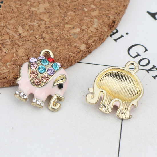 Picture of Zinc Metal Alloy Charm Pendants Elephant Animal Gold Plated Multicolor Rhinestone Light Pink Enamel 18mm( 6/8") x 15mm( 5/8"), 5 PCs