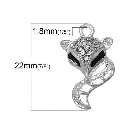 Bild von Legierung + Strass Charm Anhänger Fuchs Tier Silberfarbe Transparent Strass Schwarz Emaille 22mm x 13mm, 5 Stück