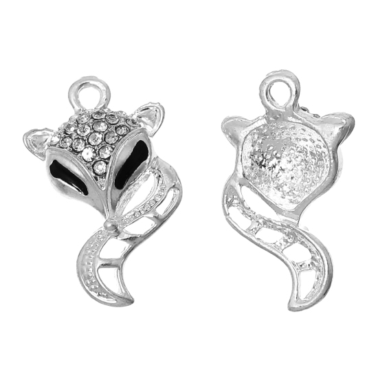 Bild von Legierung + Strass Charm Anhänger Fuchs Tier Silberfarbe Transparent Strass Schwarz Emaille 22mm x 13mm, 5 Stück