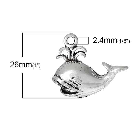 Picture of Zinc Metal Alloy Charm Pendants Whale Animal Antique Silver Color 26mm(1") x 22mm( 7/8"), 20 PCs