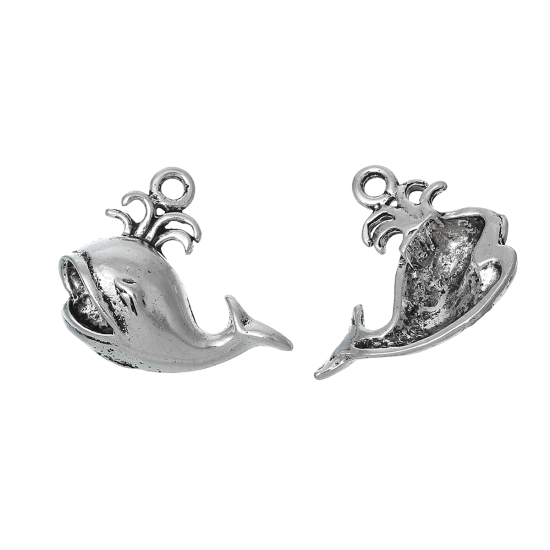 Picture of Zinc Metal Alloy Charm Pendants Whale Animal Antique Silver Color 26mm(1") x 22mm( 7/8"), 20 PCs