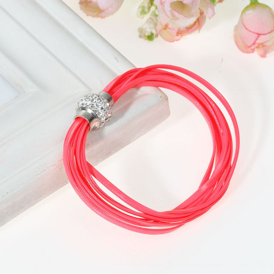 Picture of Leather Magnetic Clasps Bracelets Neon Pink Clear Rhinestone Beads 21.0cm(8 2/8"), 2 PCs