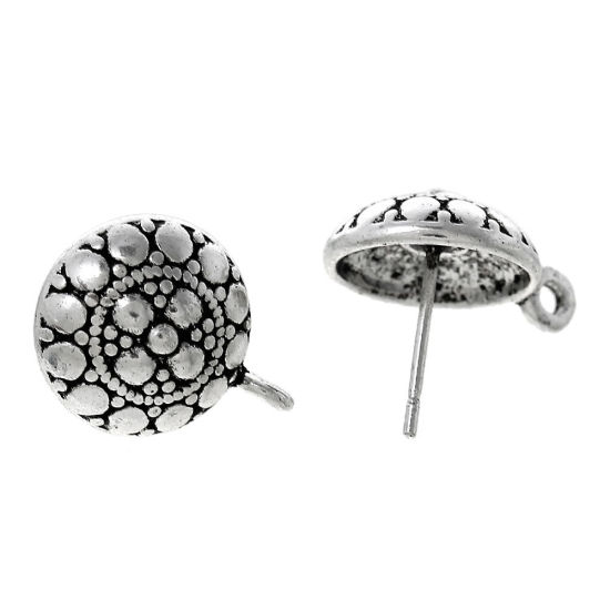 Picture of Zinc Based Alloy Ear Post Stud Earrings Findings Round Antique Silver Color Spot Pattern W/ Loop 16mm x 12mm, Post/ Wire Size: (21 gauge), 20 PCs