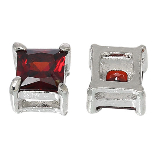 Picture of Copper Slide Beads Square Silver Tone Pave Red Cubic Zirconia About 10mm x 10mm, 3 PCs