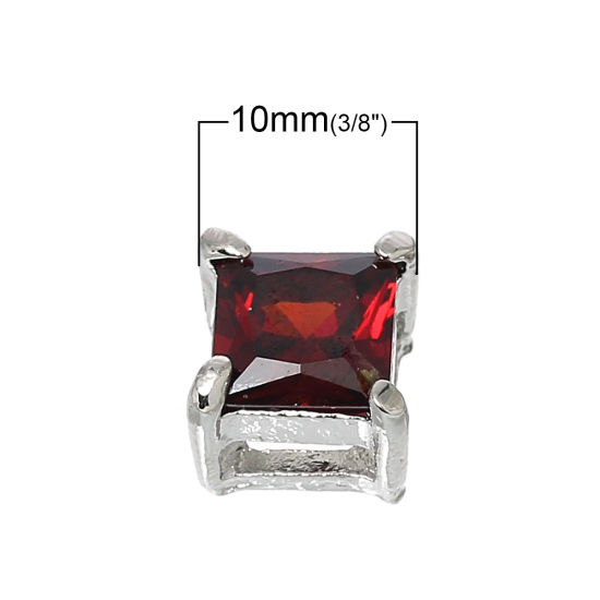 Immagine di 3 Pz Ottone + Zircone Cubico Perline per la Creazione di Gioielli con Fai-da-te Addetti Cinturini per Orologi Quadrato Rosso Tono Argento (Adatto a 6.5mm x 2mm Corda) Circa 10mm x 10mm