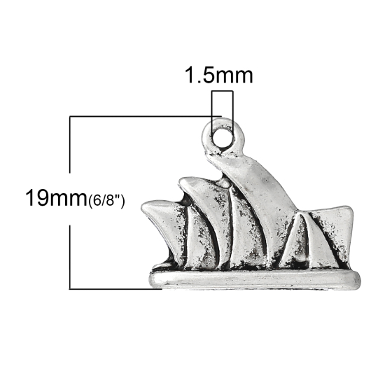 Picture of Zinc Metal Alloy Charm Pendants Sydney Opera House Antique Silver Color 19mm( 6/8") x 15mm( 5/8"), 2 PCs