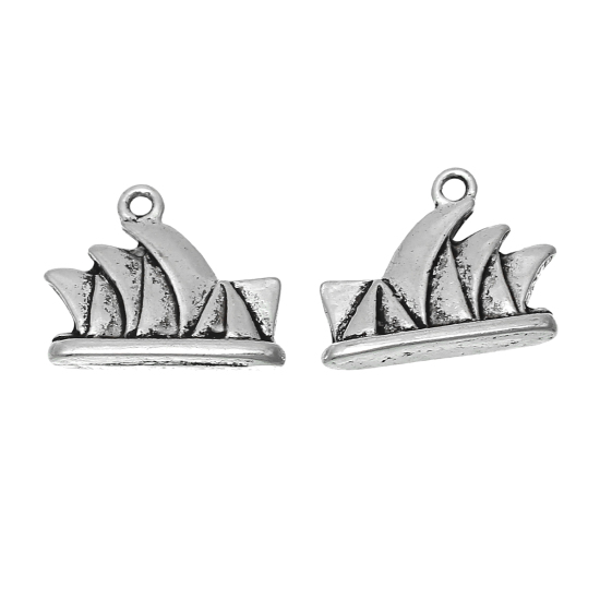 Picture of Zinc Metal Alloy Charm Pendants Sydney Opera House Antique Silver Color 19mm( 6/8") x 15mm( 5/8"), 2 PCs