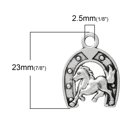 Picture of Zinc Metal Alloy Charm Pendants Horseshoe Antique Silver Color Horse Carved 23mm( 7/8") x 18mm( 6/8"), 20 PCs