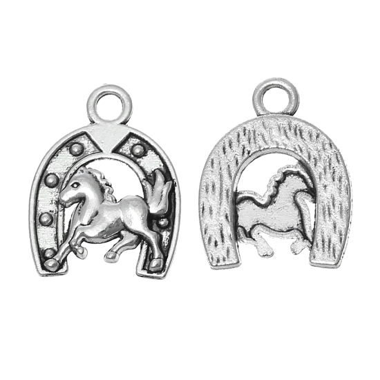 Picture of Zinc Metal Alloy Charm Pendants Horseshoe Antique Silver Color Horse Carved 23mm( 7/8") x 18mm( 6/8"), 20 PCs