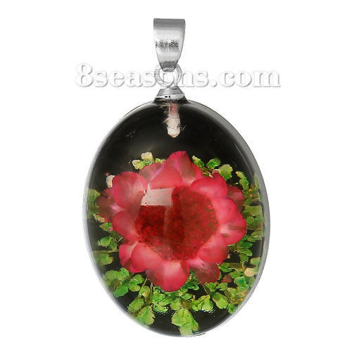 Picture of Resin Charm Pendants Oval Transparent Multicolor Real Flower 30.0mm(1 1/8") x 17.0mm( 5/8"), 2 PCs