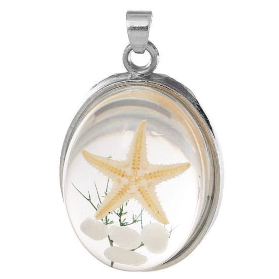 Picture of Ocean Jewelry Resin Pendants Oval Transparent Real Star Fish 32mm(1 2/8") x 20mm( 6/8"), 2 PCs