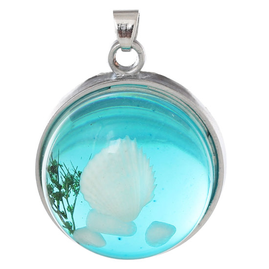 Picture of 2 PCs Resin Charm Pendant Round Disc Shell Green Blue Transparent 29mm x 22mm