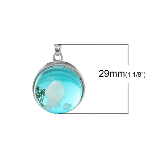 Picture of 2 PCs Resin Charm Pendant Round Disc Shell Green Blue Transparent 29mm x 22mm