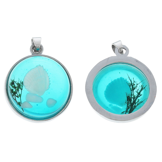 Picture of 2 PCs Resin Charm Pendant Round Disc Shell Green Blue Transparent 29mm x 22mm