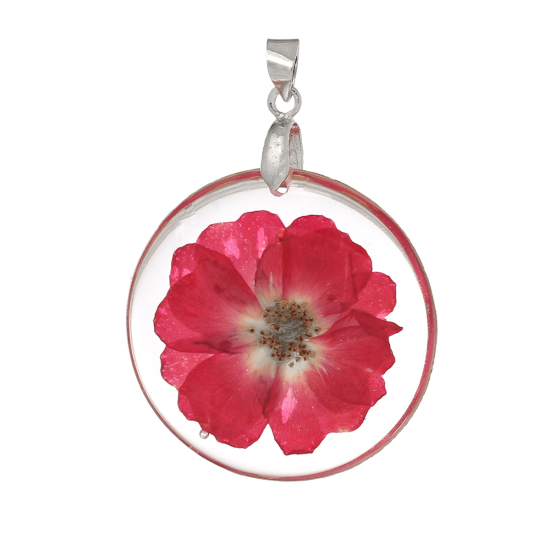 Bild von Harz Anhänger Rund Rot , mit Blumen Muster, Transparent 44mm x 32mm, 3 Stücke