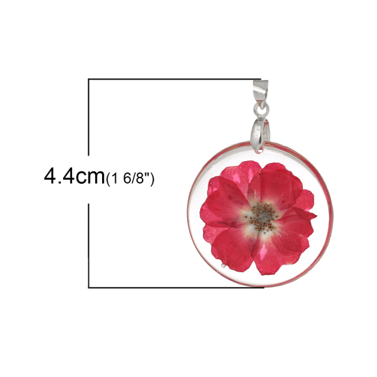 Bild von Harz Anhänger Rund Rot , mit Blumen Muster, Transparent 44mm x 32mm, 3 Stücke