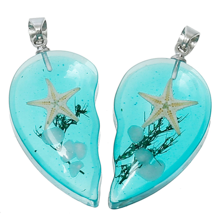Океанские Украшения Смола чарование Влюблённые Подвески Разбитое Сердце Сине-зеленые Морская Звездас узором Прозрачный 34мм x 31мм, 1 Пара