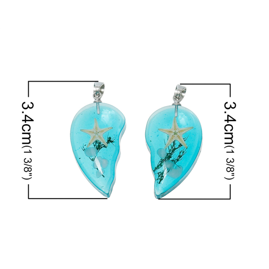 Image de Bijoux d'Océan Pendentifs en Résine Forme Cœur Brisé Bleu-Vert Etoile de Mer Transparent 34mm x 31mm, 1 Paire