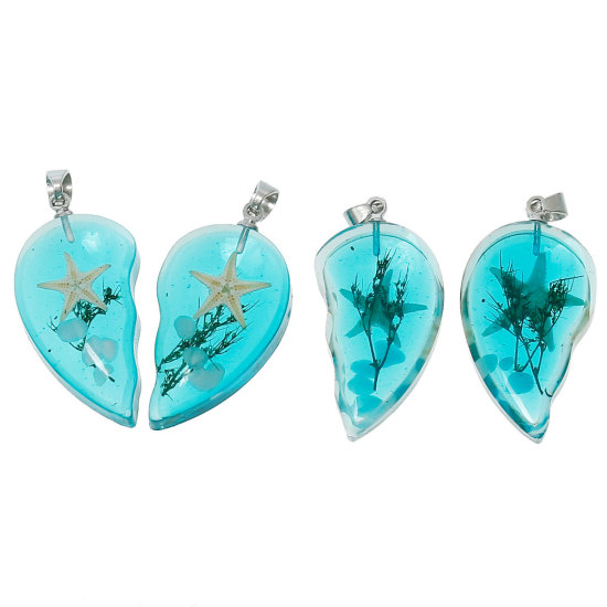 Image de Bijoux d'Océan Pendentifs en Résine Forme Cœur Brisé Bleu-Vert Etoile de Mer Transparent 34mm x 31mm, 1 Paire