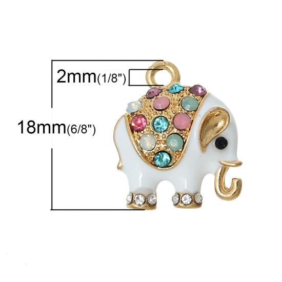 Bild von Zinklegierung Charm Anhänger Elefant Tier Vergoldet Weiß Emaille Bunt Strass mit Strass 18mm x 15mm, 5 Stücke