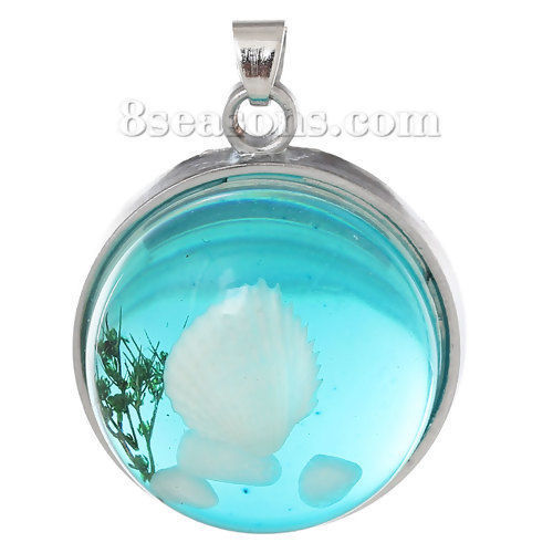 Picture of 2 PCs Resin Charm Pendant Round Shell Green Blue Transparent 29mm x 22mm