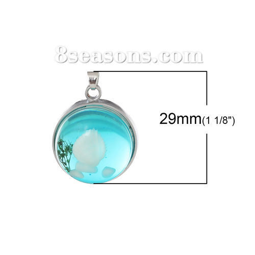 Picture of 2 PCs Resin Charm Pendant Round Disc Shell Green Blue Transparent 29mm x 22mm