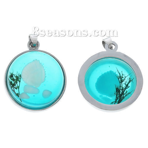 Picture of 2 PCs Resin Charm Pendant Round Disc Shell Green Blue Transparent 29mm x 22mm