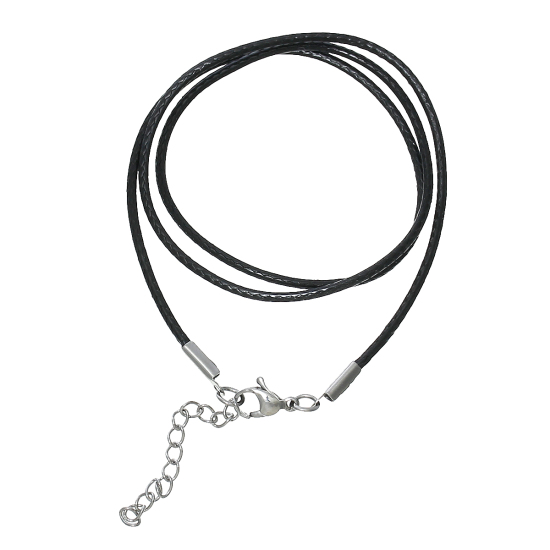 Image de Colliers en Cordon Ciré Noir avec Fermoir Mousqueton et Chaîne d'Extension, 45cm long, 2 Pcs