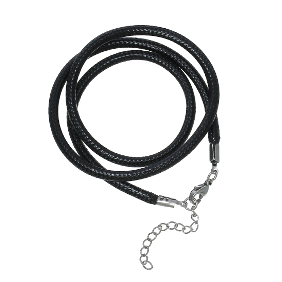 Image de Colliers en Cordon Ciré Noir avec Fermoir Mousqueton et Chaîne d'Extension 47.5cm long, 2 Pièces