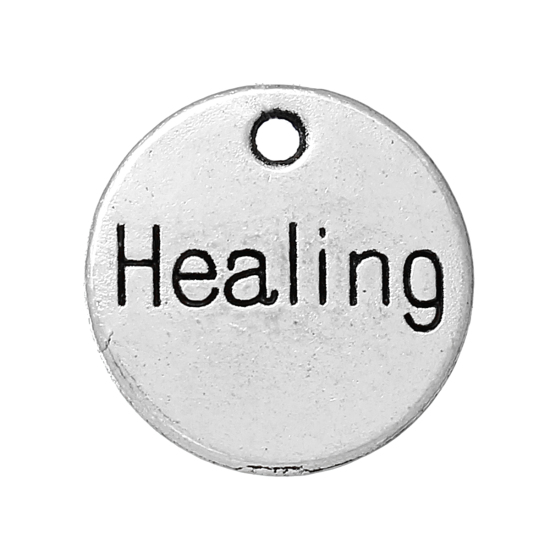 Picture of Zinc Metal Alloy Charm Pendants Round Antique Silver Color Message " Healing " Carved 14mm( 4/8") Dia, 4 PCs